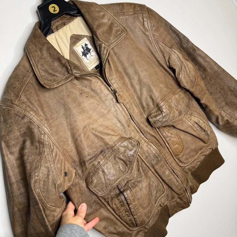 AA Vintage Saddlebred Leather Bike Brown Bomber Knife Pockets‎ Jacket